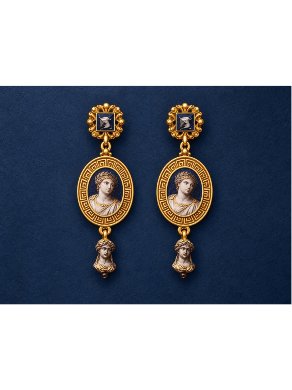 Greek Goddess Pegasus Portrait Gold Earrings Antique VTG Museum Medieval Roman